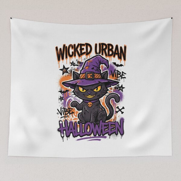 Item preview, Wicked Urban Halloween Black Cat with Witch Hat Spooky Vibe Tee designed and sold by DarylWelsh2024.