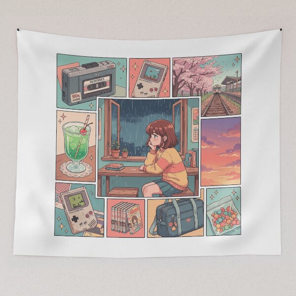 Item preview, 90s Retro Lo-Fi Anime Girl Rainy Window Nostalgia Aesthetic Moodboard designed and sold by mood-draftsman.