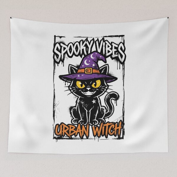 Item preview, Spooky Vibes Urban Witch Black Cat with Witch Hat Design Tee designed and sold by DarylWelsh2024.