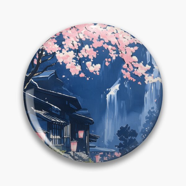 Item preview, Cherry Blossom Temple Waterfall Blue Village Lantern Path designed and sold by mildaclairmo.