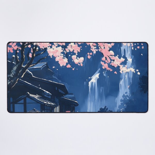 Item preview, Cherry Blossom Temple Waterfall Blue Village Lantern Path designed and sold by mildaclairmo.