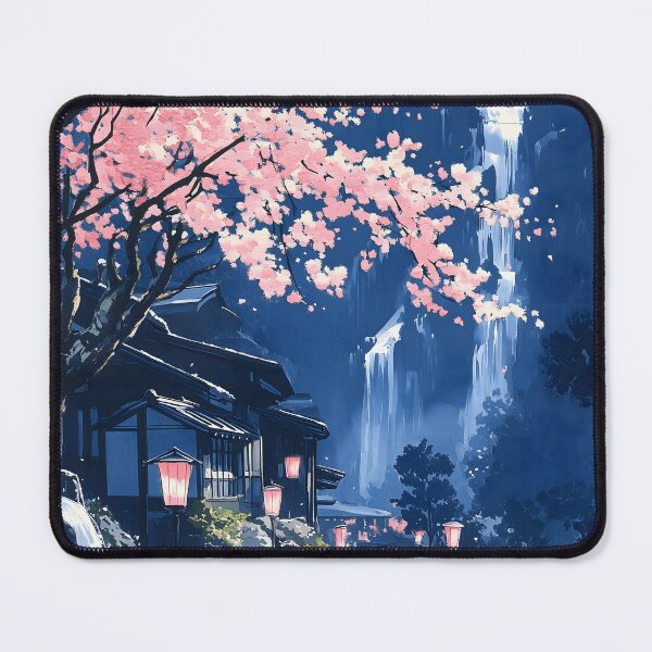 Item preview, Cherry Blossom Temple Waterfall Blue Village Lantern Path designed and sold by mildaclairmo.
