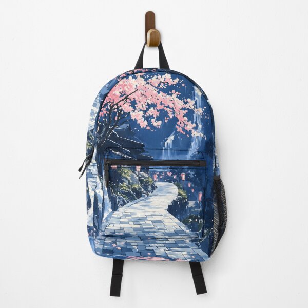 Item preview, Cherry Blossom Temple Waterfall Blue Village Lantern Path designed and sold by mildaclairmo.
