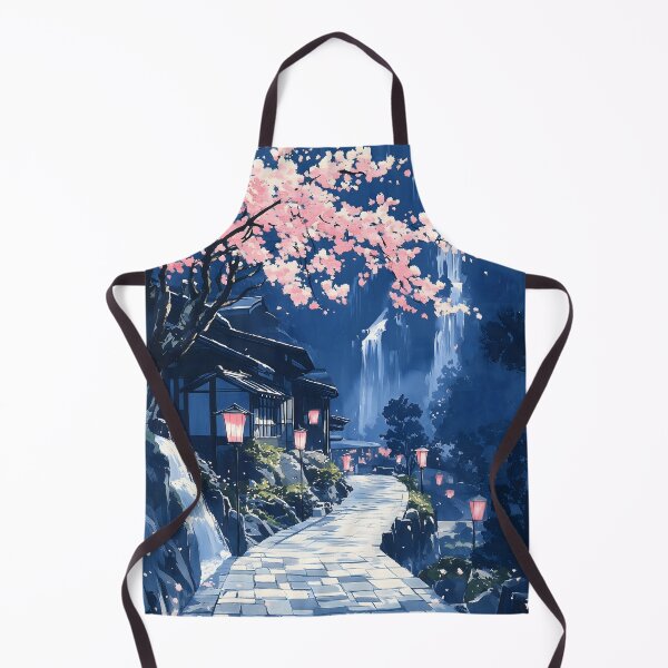Item preview, Cherry Blossom Temple Waterfall Blue Village Lantern Path designed and sold by mildaclairmo.