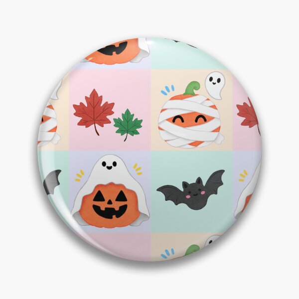 Item preview, Cute hand drawn Halloween seamless pattern  with friendly ghosts, pumpkins, bats, mummy pumpkin and colorful autumn leaves on pastel backgrounds. designed and sold by fangkwl.