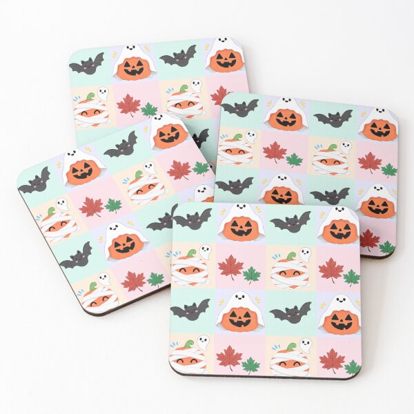 Item preview, Cute hand drawn Halloween seamless pattern  with friendly ghosts, pumpkins, bats, mummy pumpkin and colorful autumn leaves on pastel backgrounds. designed and sold by fangkwl.