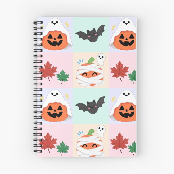 Item preview, Cute hand drawn Halloween seamless pattern with friendly ghosts, pumpkins, bats, mummy pumpkin and colorful autumn leaves on pastel backgrounds. designed and sold by fangkwl.