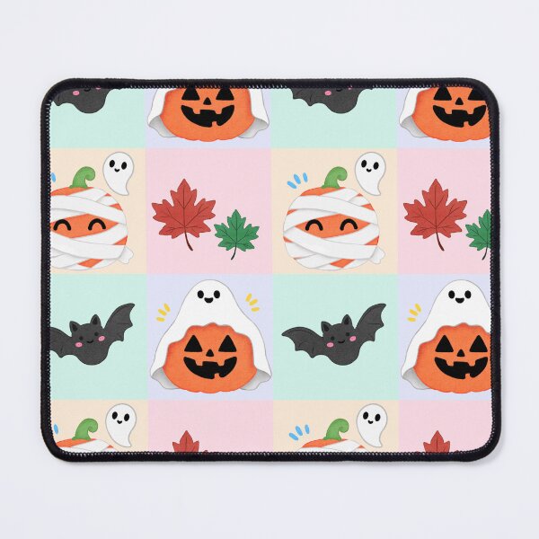 Item preview, Cute hand drawn Halloween seamless pattern  with friendly ghosts, pumpkins, bats, mummy pumpkin and colorful autumn leaves on pastel backgrounds. designed and sold by fangkwl.