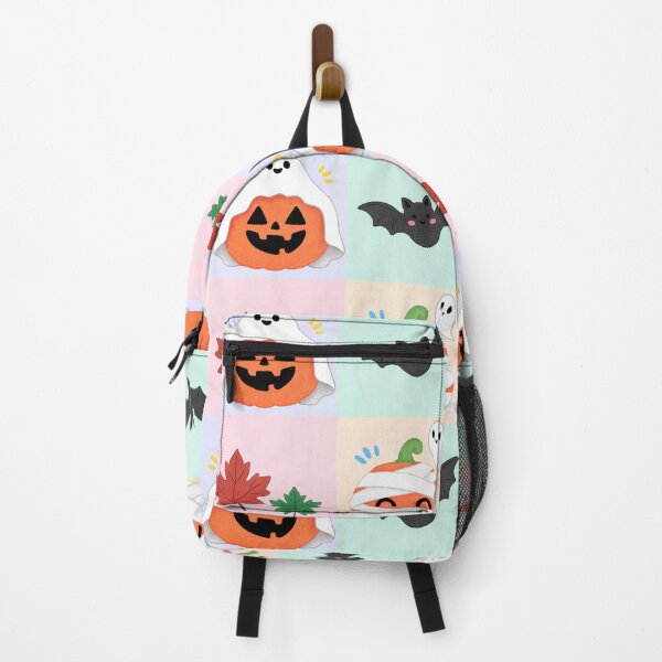 Item preview, Cute hand drawn Halloween seamless pattern with friendly ghosts, pumpkins, bats, mummy pumpkin and colorful autumn leaves on pastel backgrounds. designed and sold by fangkwl.