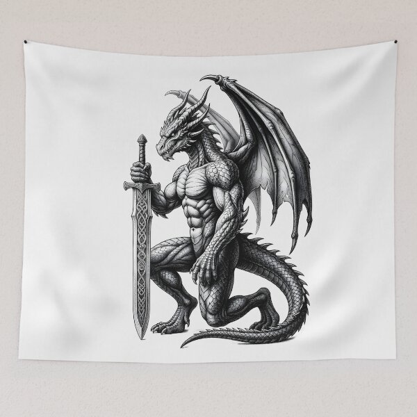 Item preview, Dragon Knight Warrior with Sword | Muscular Fantasy Dragon Illustration designed and sold by DragonSerpent Ink.