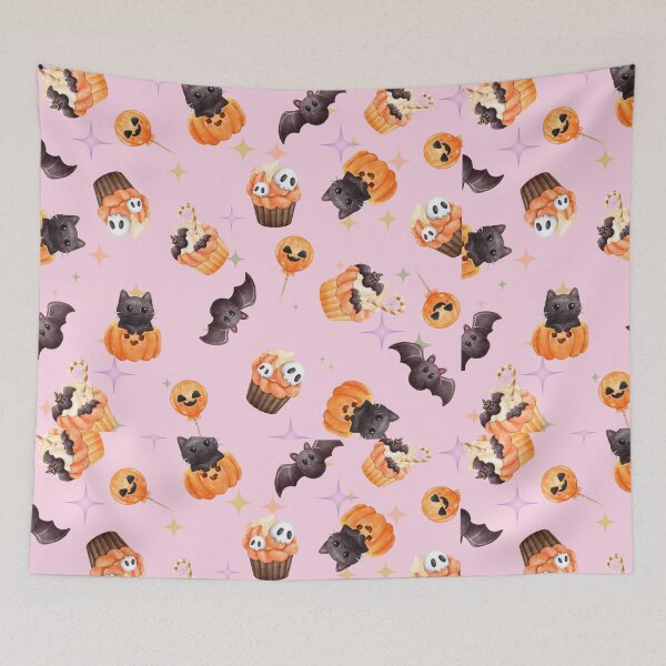 Item preview, Cute Bat, Black Cat, Halloween Cupcakes, Candy, pink designed and sold by CursedButCute1.