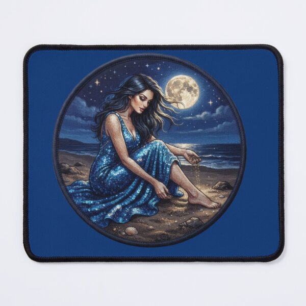 Item preview, Embroidered image of a woman sitting on a sandy beach in the moonlight designed and sold by Azurart2.