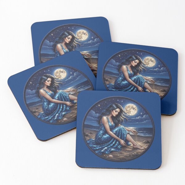 Item preview, Embroidered image of a woman sitting on a sandy beach in the moonlight designed and sold by Azurart2.