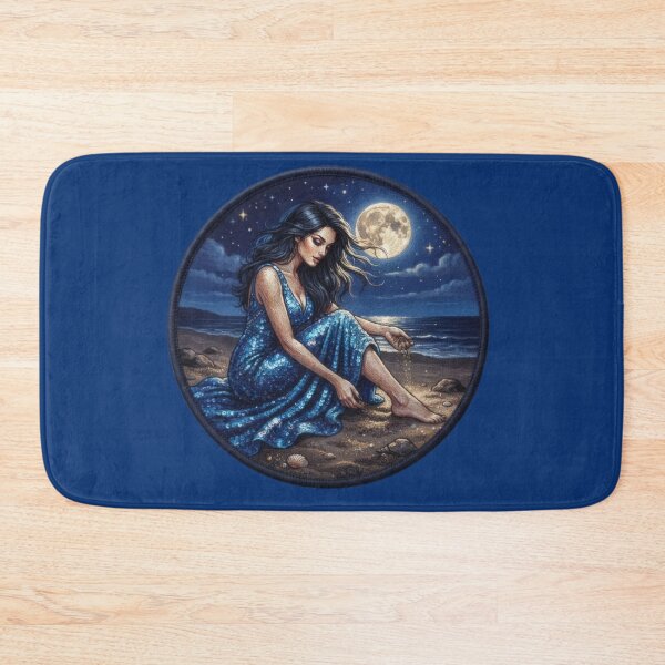 Item preview, Embroidered image of a woman sitting on a sandy beach in the moonlight designed and sold by Azurart2.