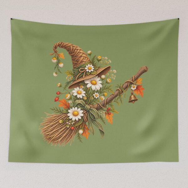 Item preview, Cottagecore Chamomile on Broomstick Watercolor Art – Whimsical Halloween Print designed and sold by MagicMakerPh.