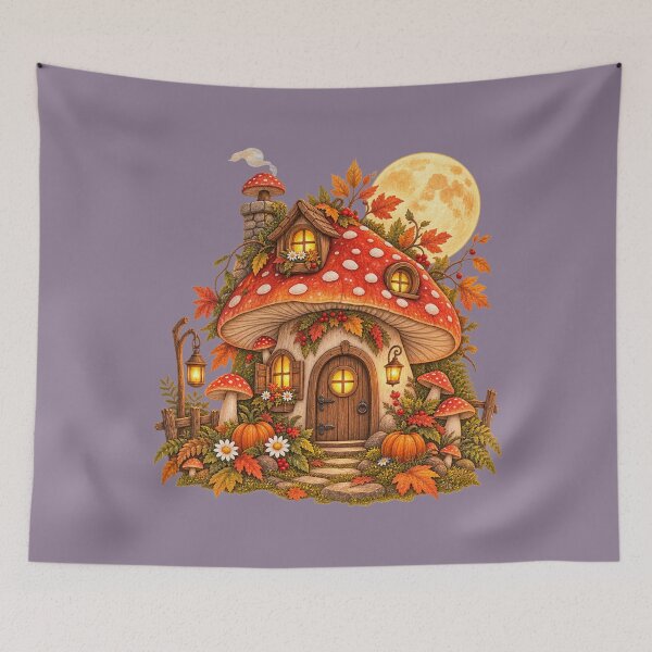 Item preview, Cottagecore Harvest Moon Toadstool Cottage Watercolor Art – Halloween Print designed and sold by MagicMakerPh.