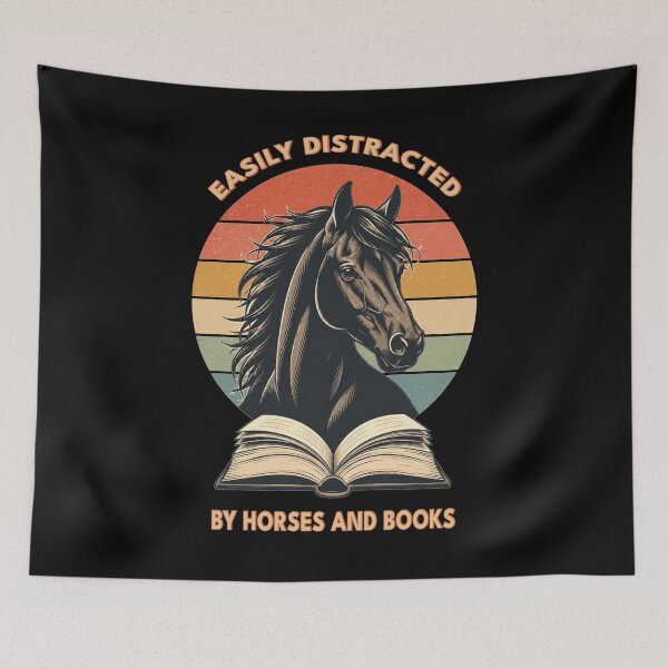 Item preview, Easily Distracted by Horses and Books | Funny Horse Lover | Book Reader | Retro Sunset Vintage Country Style Graphic designed and sold by Made by Tamar.