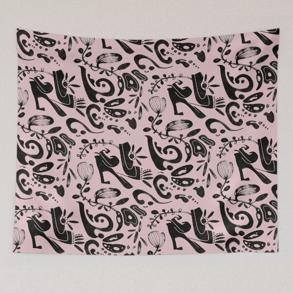Item preview, Blush Pink Whimsical Black Ink Folk Floral Pattern designed and sold by wissal.studio.