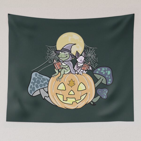 Item preview, Frog Witch and Bat Cottagecore Mushroom Halloween Pumpkin designed and sold by LeshanArt.