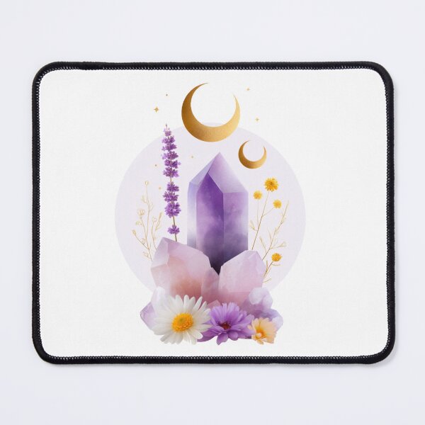 Item preview, Amethyst Crystal Cluster With Flowers and Gold Crescent Moons — Spiritual Healing, Nature and Mystical Decor designed and sold by KanDa-Shop.