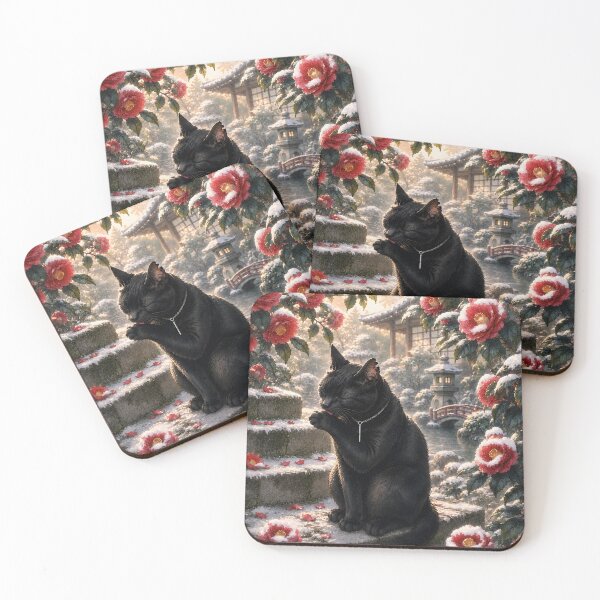 Item preview, Camellias and a Black Cat – A Peaceful Japanese Winter designed and sold by solace-garden.