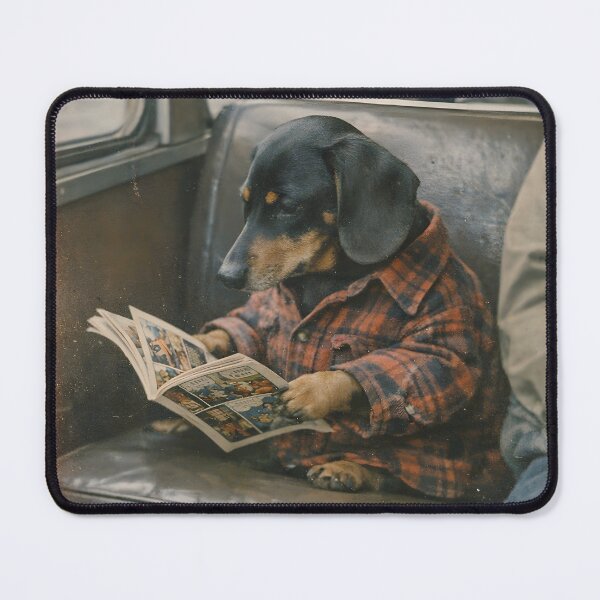 Item preview, Dog Sitting on a Vintage Car Reading a Magazine Wall Art | Relaxed Canine Road Trip Portrait | Retro Photography Aesthetic Print designed and sold by PaintedPixels01.