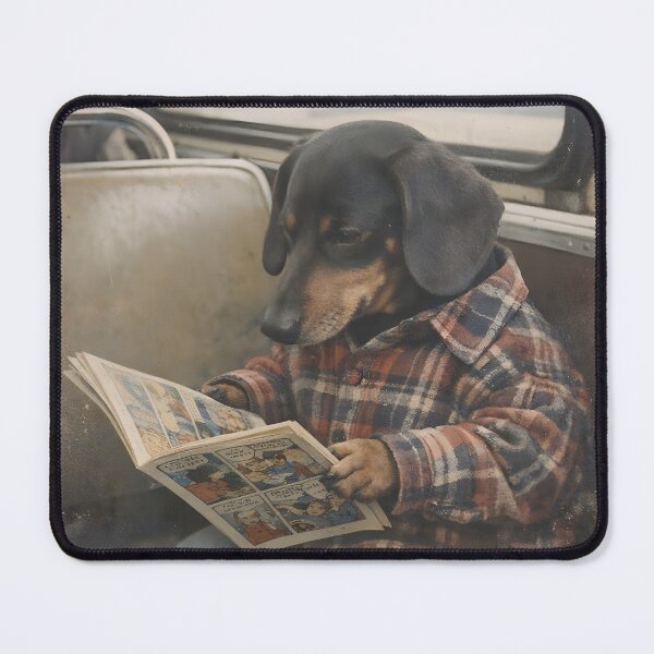 Item preview, Dog Sitting on a Vintage Car Reading a Magazine Wall Art | Relaxed Canine Road Trip Portrait | Retro Photography Aesthetic Print designed and sold by PaintedPixels01.