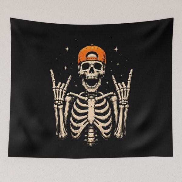 Item preview, Cool skeleton wearing a cap making rock hand gestures halloween designed and sold by rafaeltto.