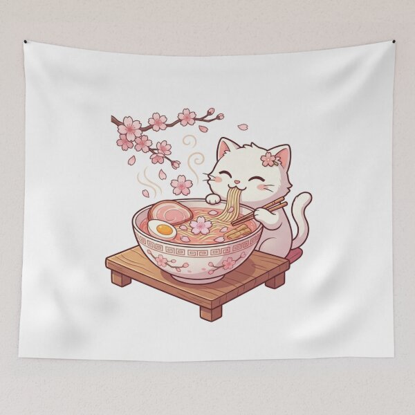 Item preview, Cute White Cat Eating Sakura Ramen - Japanese Foodie Art designed and sold by PetalsPaws.