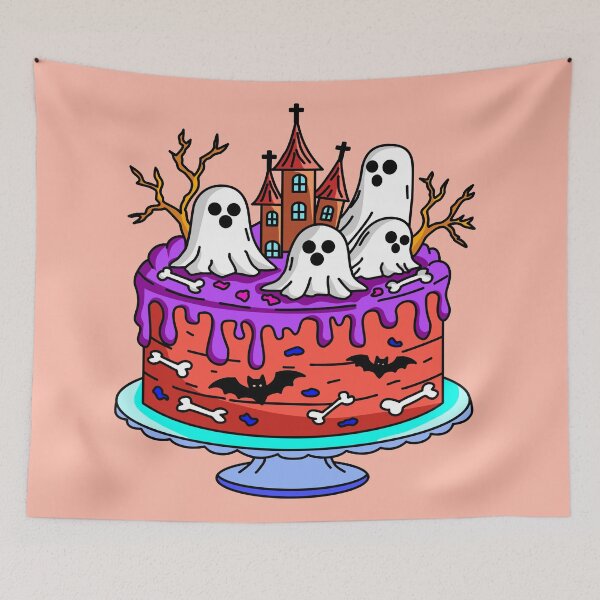 Item preview, Spooky Halloween Bakery Cake with Ghosts Haunted Castle Bats and Bones Vector Illustration designed and sold by RS4you.