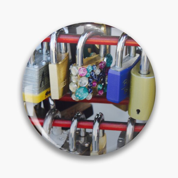 Item preview, Colorful Love Locks on Bridge Railing Romantic Urban Macro Photography designed and sold by SiliconValleyUS.