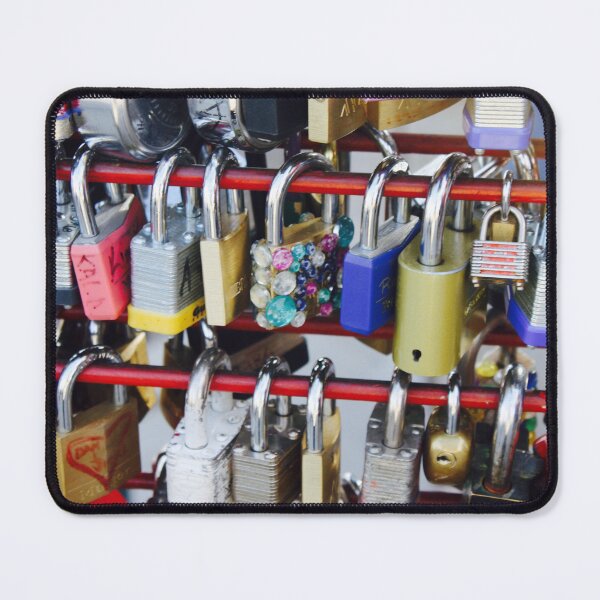 Item preview, Colorful Love Locks on Bridge Railing Romantic Urban Macro Photography designed and sold by SiliconValleyUS.