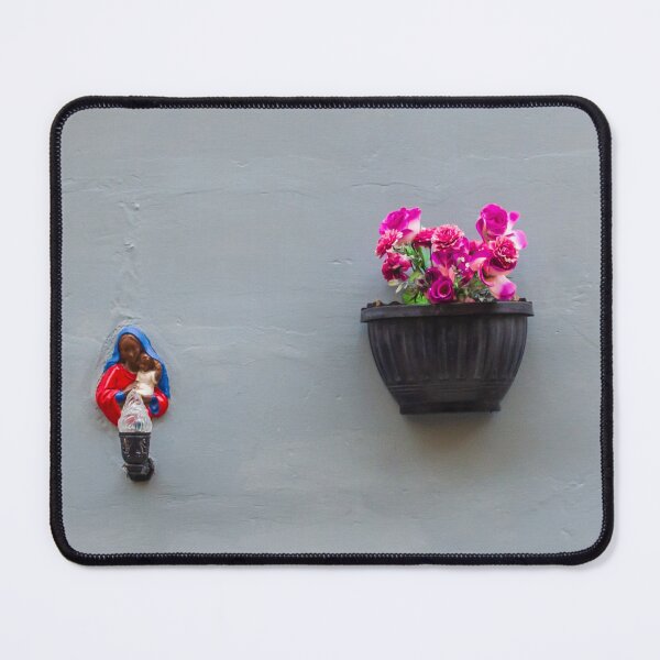 Item preview, Madonna Figurine and Wall Planter With Pink Flowers on Minimal Grey Exterior Wall designed and sold by Nmallia.