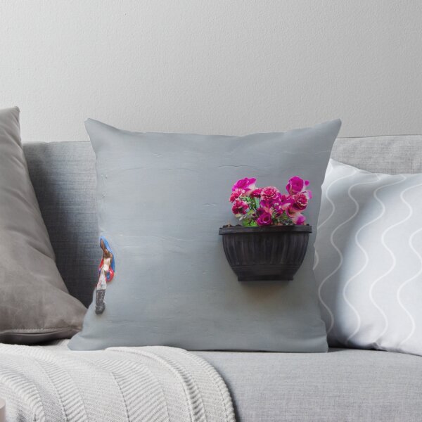 Item preview, Madonna Figurine and Wall Planter With Pink Flowers on Minimal Grey Exterior Wall designed and sold by Nmallia.