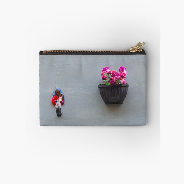 Item preview, Madonna Figurine and Wall Planter With Pink Flowers on Minimal Grey Exterior Wall designed and sold by Nmallia.