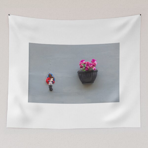 Item preview, Madonna Figurine and Wall Planter With Pink Flowers on Minimal Grey Exterior Wall designed and sold by Nmallia.