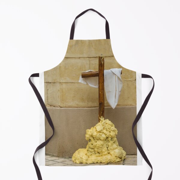 Item preview, Wooden Cross Draped With White Cloth Standing on Yellow Foam Pile Against Stone Wall designed and sold by Nmallia.