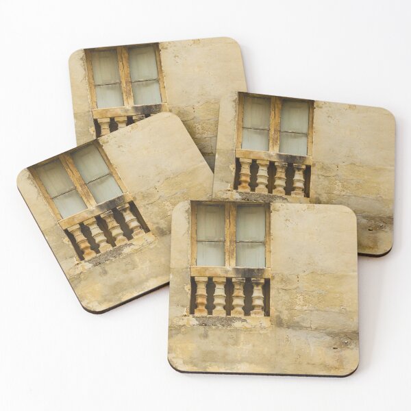 Item preview, Weathered Stone Window With Decorative Balustrade on Old Textured Beige Wall, Historic Façade designed and sold by Nmallia.
