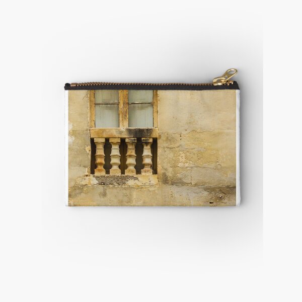 Item preview, Weathered Stone Window With Decorative Balustrade on Old Textured Beige Wall, Historic Façade designed and sold by Nmallia.