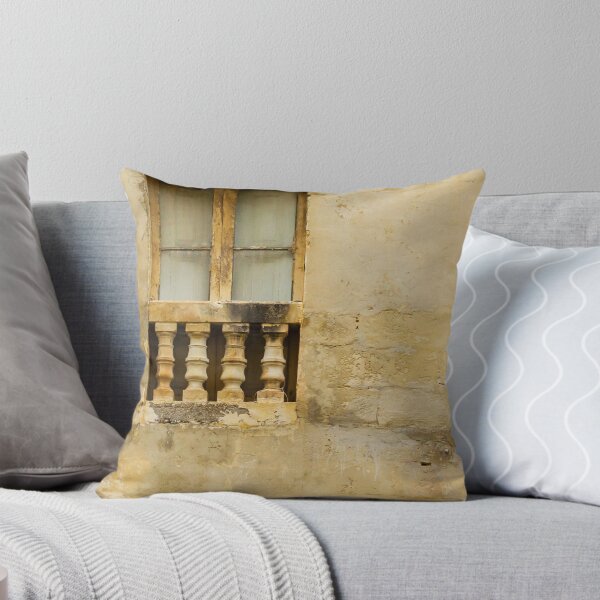 Item preview, Weathered Stone Window With Decorative Balustrade on Old Textured Beige Wall, Historic Façade designed and sold by Nmallia.