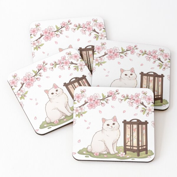 Item preview, White Cat & Sakura Lantern - Sakura Art designed and sold by PetalsPaws.
