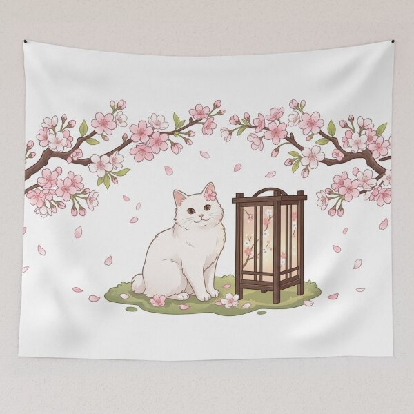 Item preview, White Cat & Sakura Lantern - Sakura Art designed and sold by PetalsPaws.