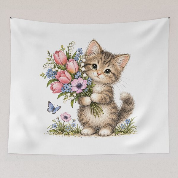 Item preview, Cute Kitten with Flower Bouquet designed and sold by PetalGarden.