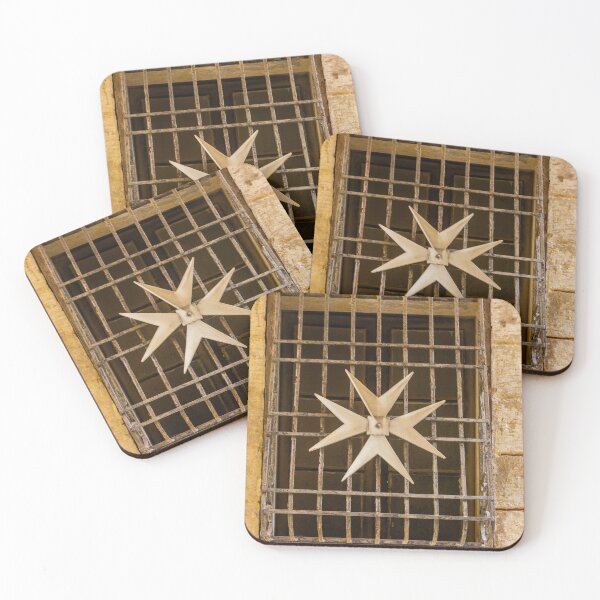 Item preview, Decorative Eight-Pointed Star on Iron Grille Window Set in Weathered Stone Wall Historic Architecture designed and sold by Nmallia.