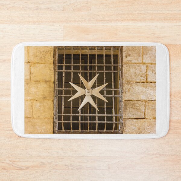 Item preview, Decorative Eight-Pointed Star on Iron Grille Window Set in Weathered Stone Wall Historic Architecture designed and sold by Nmallia.