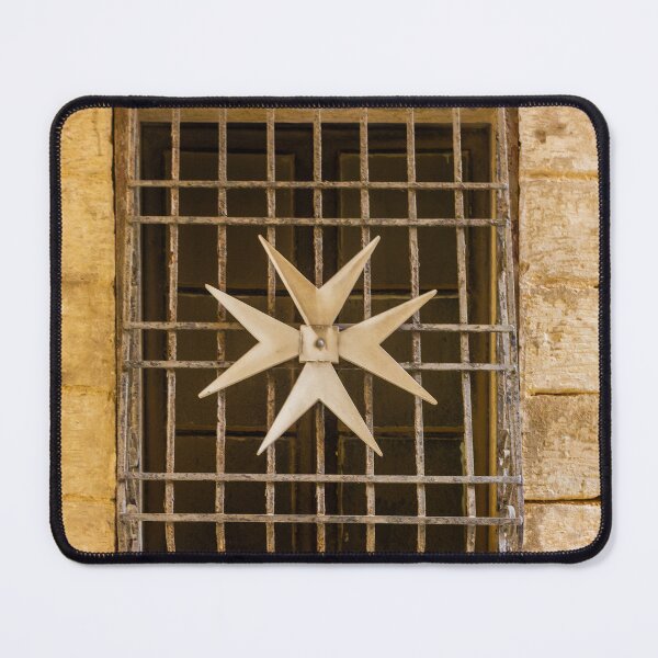 Item preview, Decorative Eight-Pointed Star on Iron Grille Window Set in Weathered Stone Wall Historic Architecture designed and sold by Nmallia.