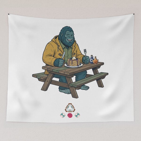 Item preview, Playful Sasquatch Enjoying Pancakes at Picnic Table designed and sold by Whimsy Trail Co.