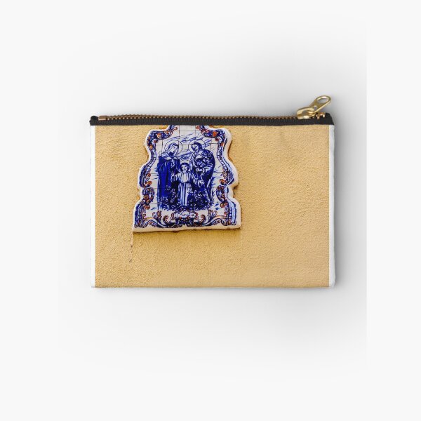 Item preview, Blue And White Ceramic Holy Family Tile Plaque On Yellow Wall, Religious Street Shrine designed and sold by Nmallia.