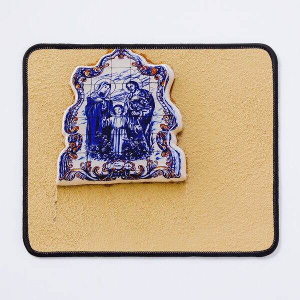 Item preview, Blue And White Ceramic Holy Family Tile Plaque On Yellow Wall, Religious Street Shrine designed and sold by Nmallia.
