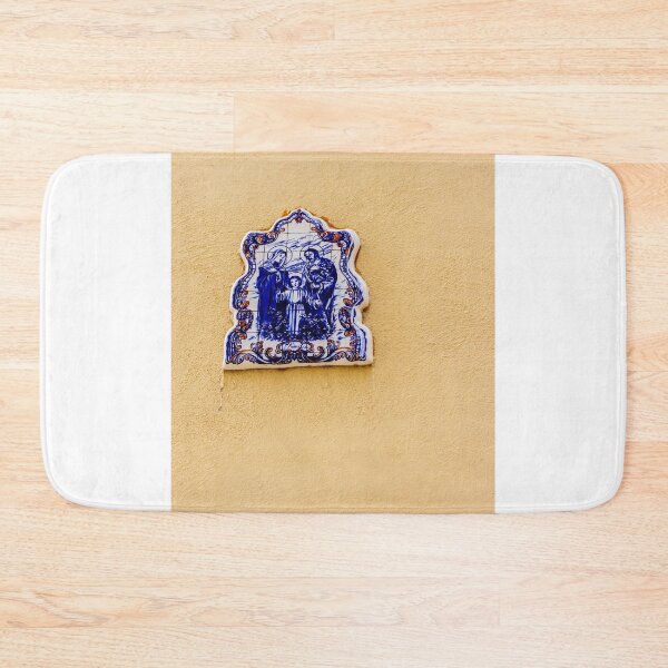 Item preview, Blue And White Ceramic Holy Family Tile Plaque On Yellow Wall, Religious Street Shrine designed and sold by Nmallia.